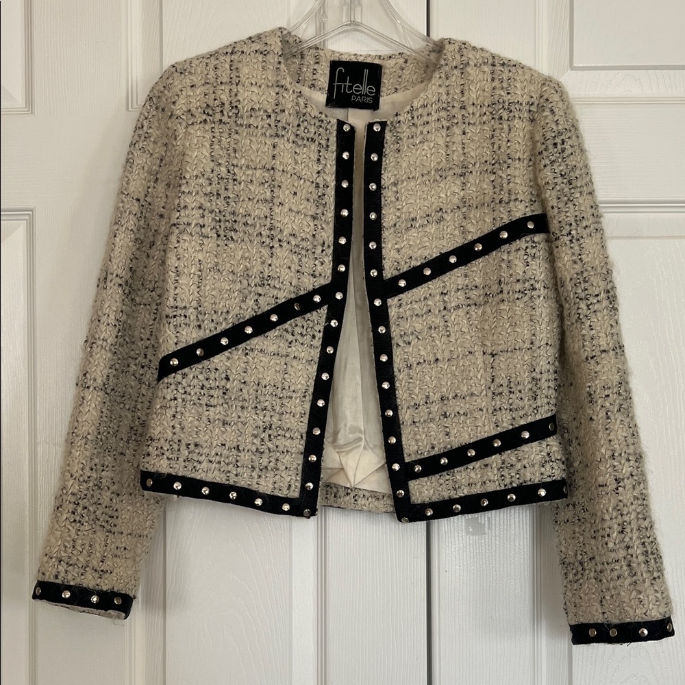 Vintage Fitelle Paris Cream and Black Wool Blend Tweed Blazer Studded Black Trim